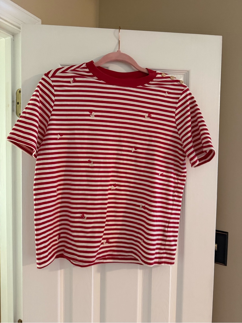 Elle Red and White Striped Short Sleeve Tee with Gold Buttons
